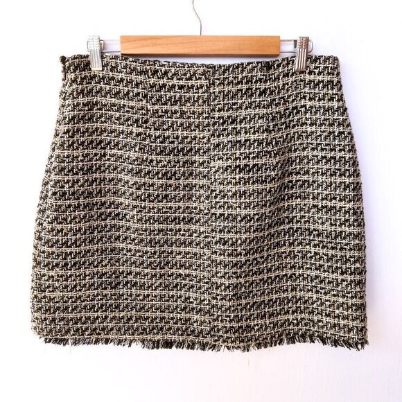 NWT Express Black Gold White Tweed Fringe Skirt 14 - Picture 6 of 7